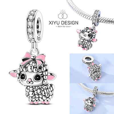 Copper Original Cute Pink Bow Lamb Pendant Beads Charms Fit Diy Bracelet Keychain Jewelry For Women Gifts