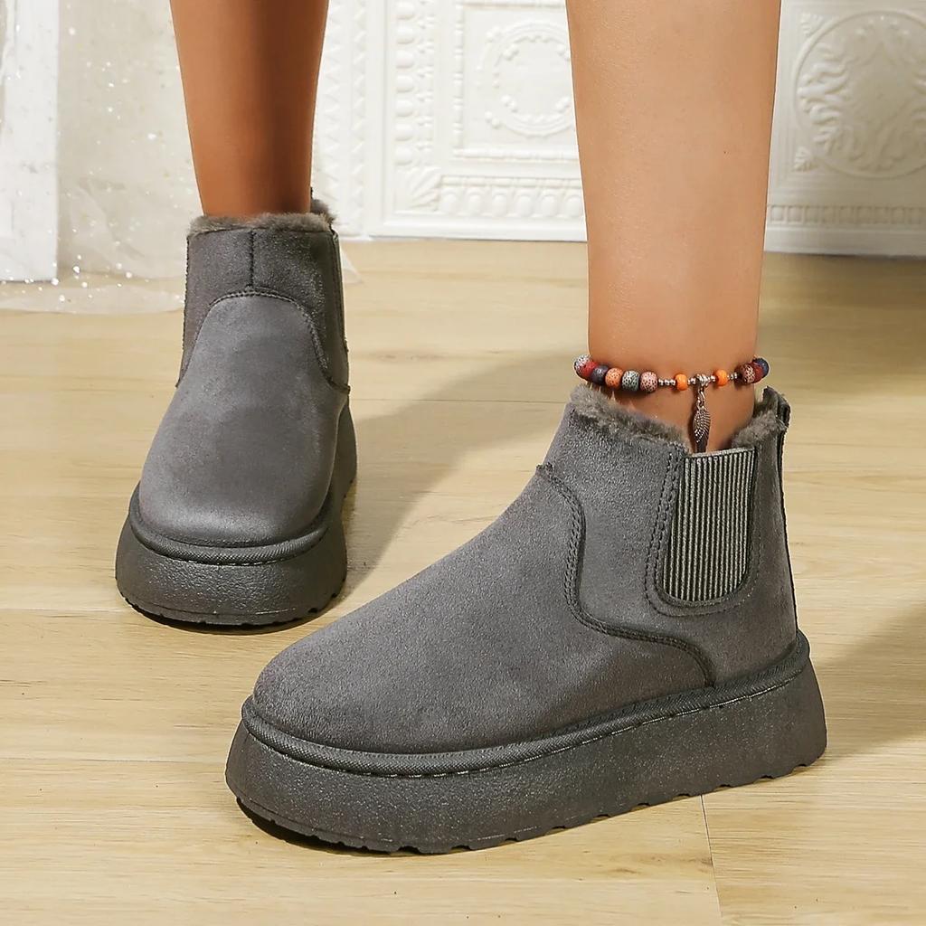 Fashion Hot Pink Thick Bottom Wedge Heel Warm Faux Fur Snow Boots Women Winter Short Plush Boots Woman Non Slip Cotton Chelsea Boots