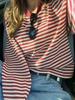Vintage Contrast Stripe Long Sleeve T Shirt Women Loose Fit Round Neck Top Casual Spring Autumn Fashion Simple Tee Shirts Ladies Basic Sweet Clothing