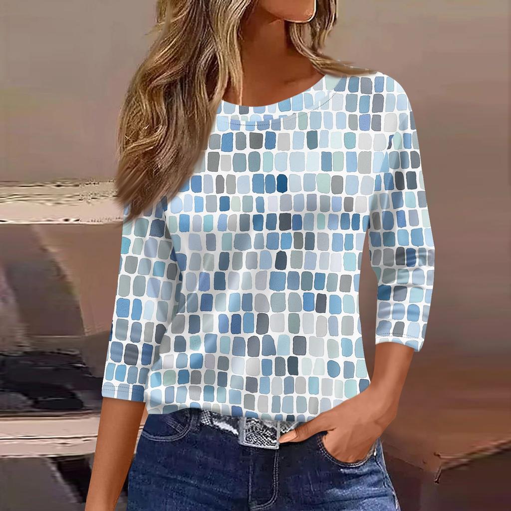 Women's Three-Quarter Sleeve Shirt, Round Neck, Loose Fit, Casual Shirt, Floral Print T-Shirt, Summer
