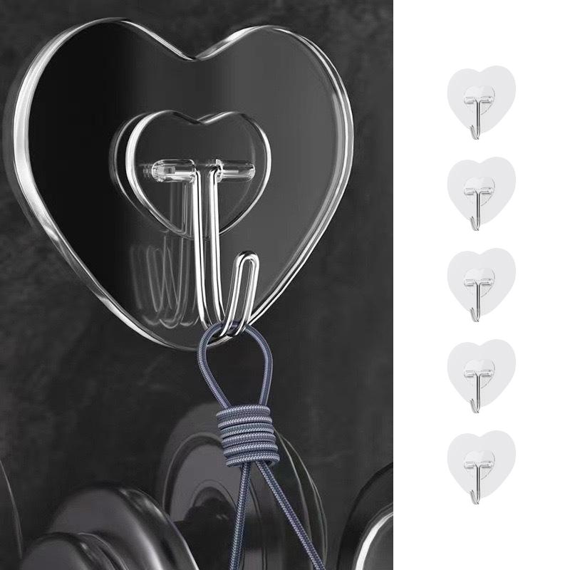 5Pcs Heart Transparent Hooks Strong Self Adhesive Key Storage Hanger Multi-Function Towel Hanging Hook For Kitchen Bathroom Stor