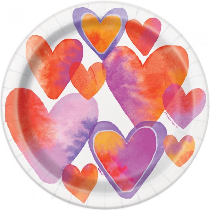 Unique Party Paper Watercolour Hearts Valentine`s Day Disposable Plates (Pack of 8)