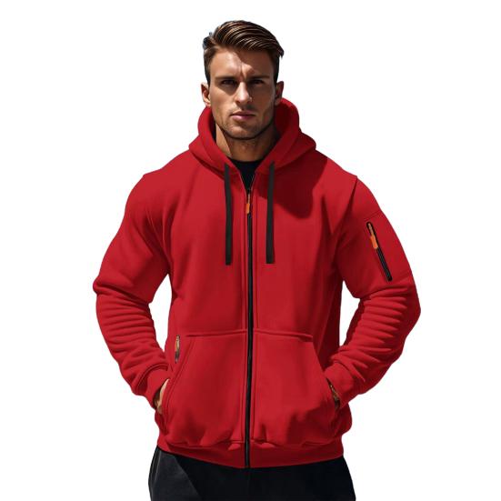 Men Coat Long Sleeve Zipper Closure Hooded Sweatshirt with Large Pockets Solid Color Velvet Thickened Warm Outerwear