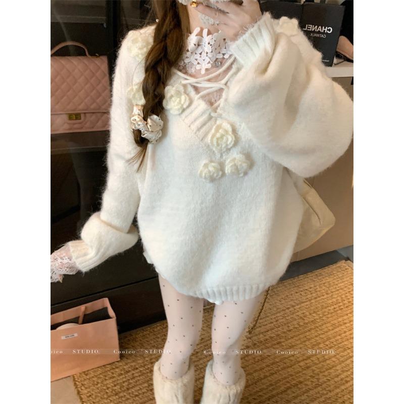 

Трехмерный цветочный свободный ленивый ветер вязаный свитер топ красный свитер женский зимний с длинным рукавом пуловер атмосфера женская одежда one size fits all белый