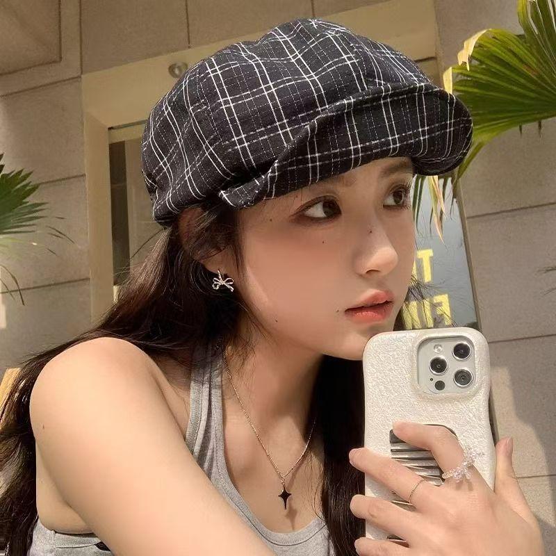 Retro Plaid Beret Hat For Women Spring Summer Sunshade Breathable Korean Style