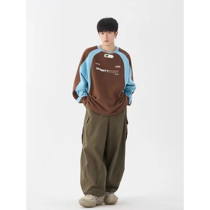 Unisex Long Sleeve Y2K Patchwork Sweatshirts High Street Letter Printed Hoodie Casual Loose Pullover for Men Women