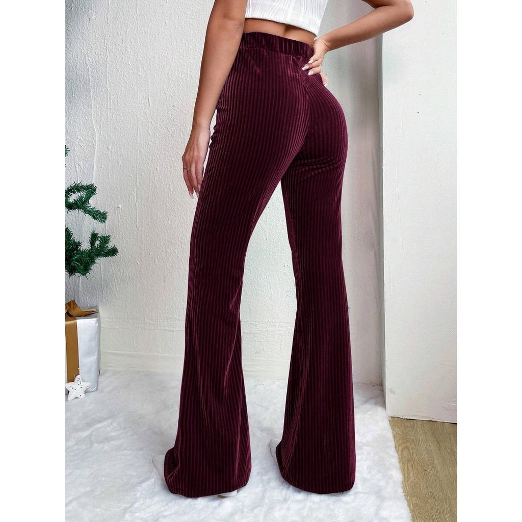 Ladies, High Waisted, Corduroy, Flared Pants, Solid Color, Casual Pants, Wide Leg Pants, Long Pants