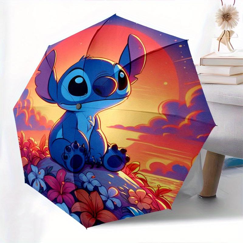 Stitch,Sunset Automatic Folding Umbrella   Simple 8 Rib Design, Bright Cartoon Pattern, Durable Iron Frame, Suitable For Travel, Outdoor, Be