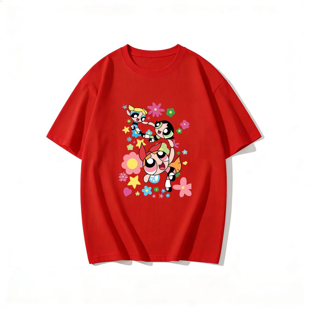 2026 Sommer Niedliche Powerpuff Girls Familien-Matching T-Shirts Cartoon-Druck Baumwoll-T-Shirts Lässige Kurzarm-Oberteile für Kinder und Erwachsene