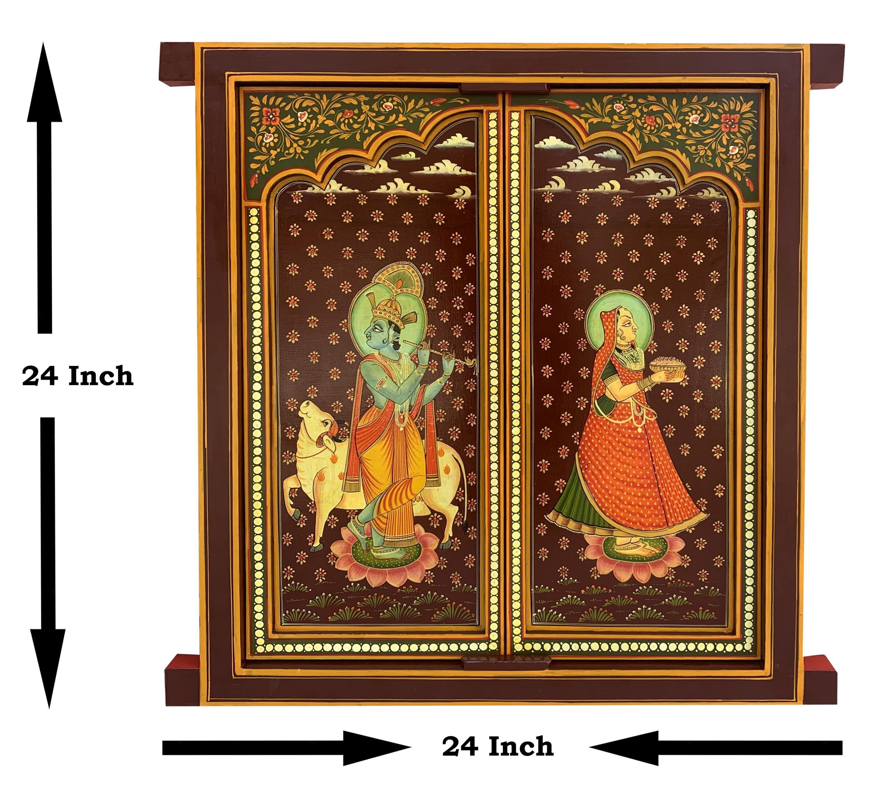 Radha Krishna Hand-Painted Wooden Window: Hindu Wall Decor (24x24) разноцветный
