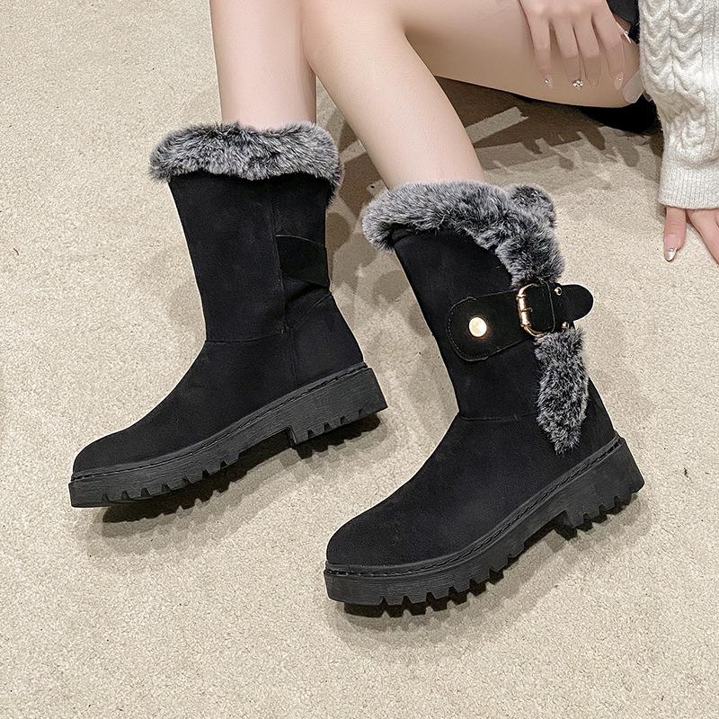 Autumn and Winter New Snow Boots Thick-soled Foot Cover Velvet Cotton Boots Slope Heel Women's Boots Belt Buckle Medium Boots Women's