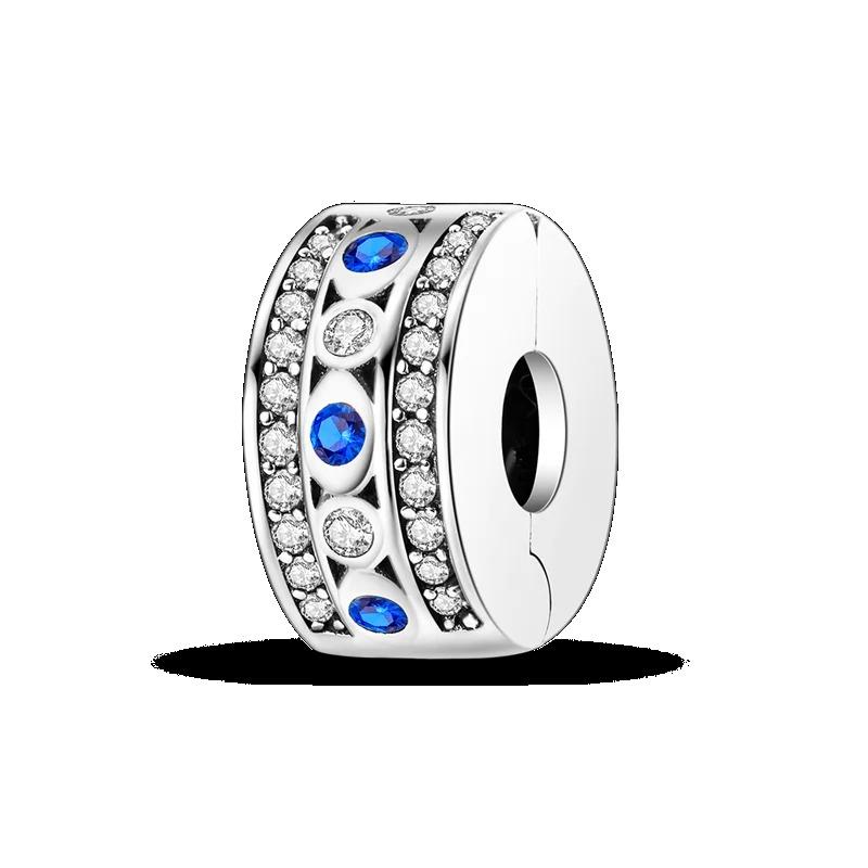 Silver Clasp 925 Silver CZ Pave Clip Charms Daisy Beads Stopper Safety Chain Fit Original Bangle Bracelet Jewelry Clip