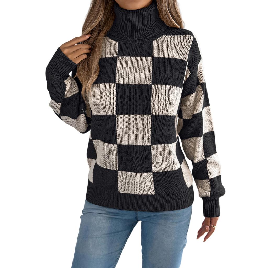 Women's Casual Turtleneck Contrasting Plaid  Long Sleeve Sweater