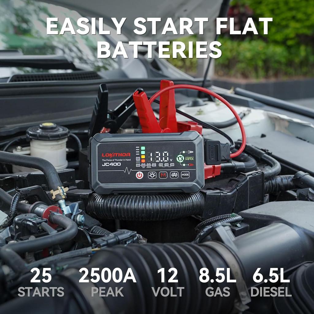JC400 9-in-1 Battery Jump Starter, 2500A 12V Portable for Cars up to 8.5L Gas/6.5L Diesel