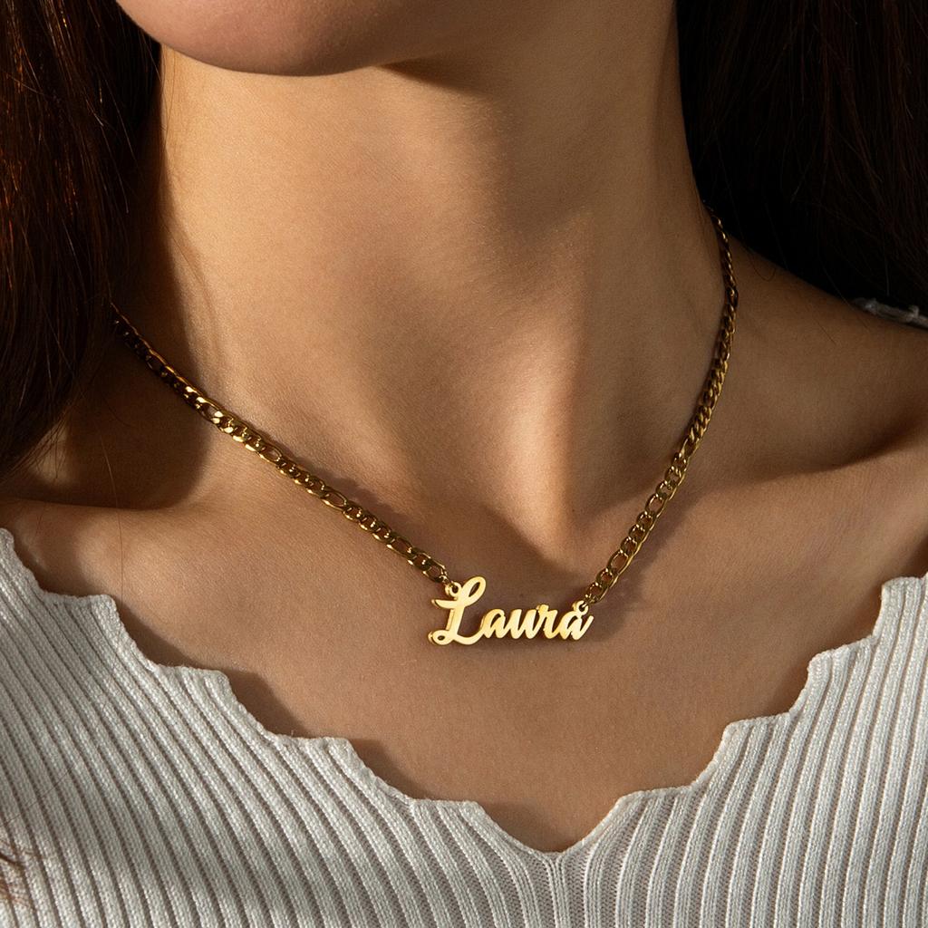 Atoztide Personalized Custom Name Necklace Bracelet Jewelry Set Figaro Chain Pendant Stainless Steel For Women Birthday Gift