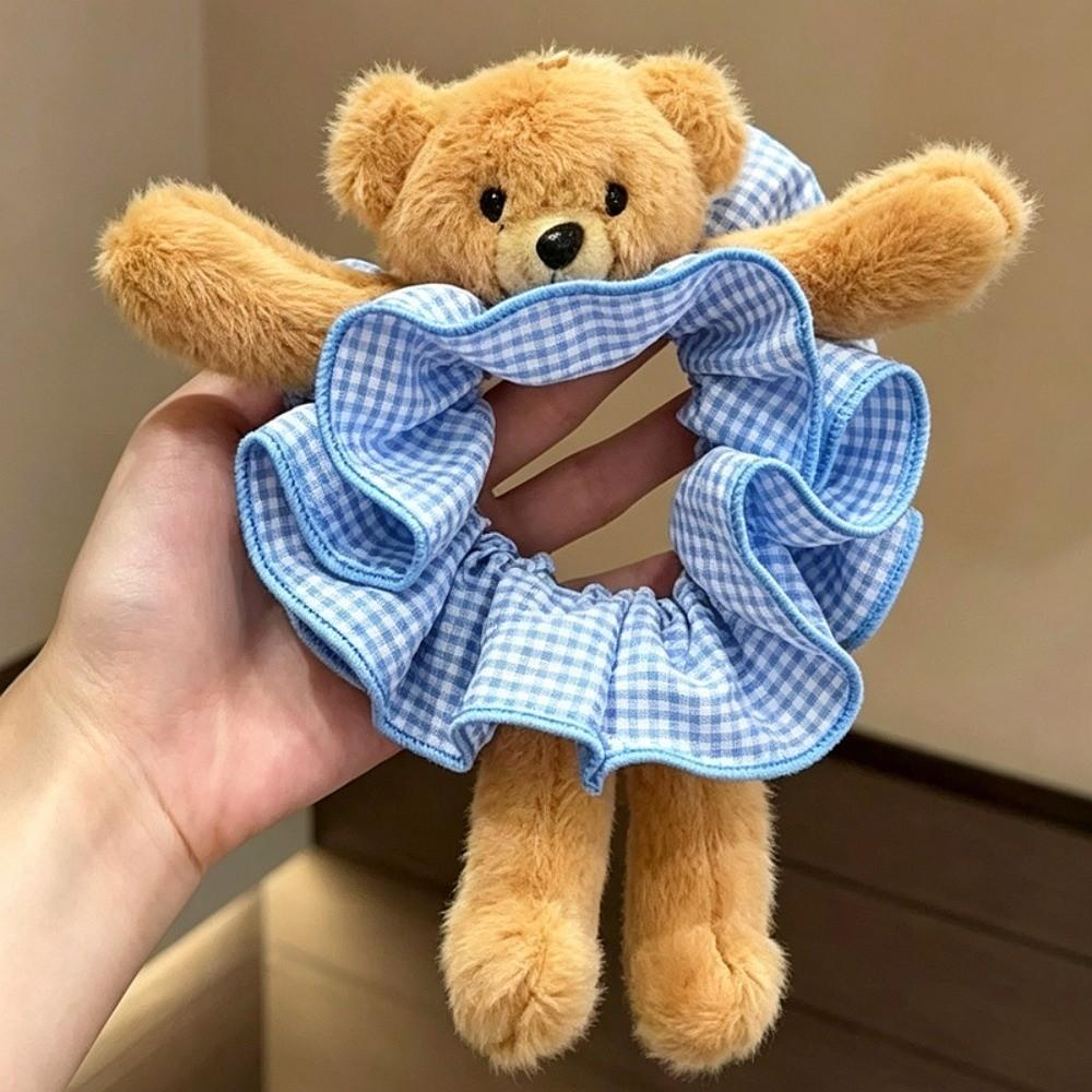 High Elasticity Plush Bear Scrunchies Cute Hair Rope Gift Plaid Ponytail Holder Daily