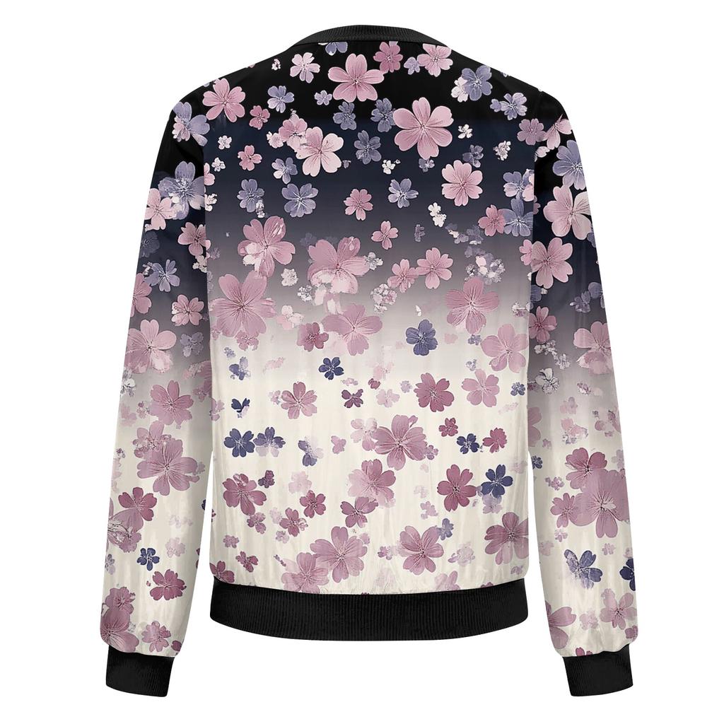 Women's Fashion Long Sleeve Floral Print Round Neck Zip Jacket