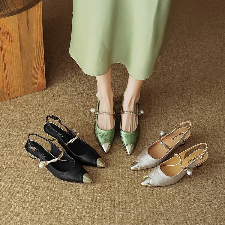 Damen Sandalen Sommer Neu Retro Spitz Niedriger Absatz Schnalle Zehenbereich High Heels Mode Temperament Perle Stiletto Sandalen