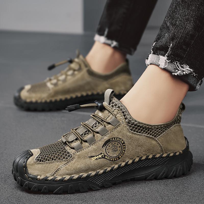 Handmade Genuine Leather Mesh Men's Shoes New Breathable Flat Casual Shoes Outdoor Walking Men's Sneakers Hiking Shoes Zapatilla