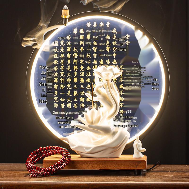 Zen Buddha Hand Ceramic Backflow Incense Burner with Light Ring and Heart Sutra Ornament for Indoor Decor