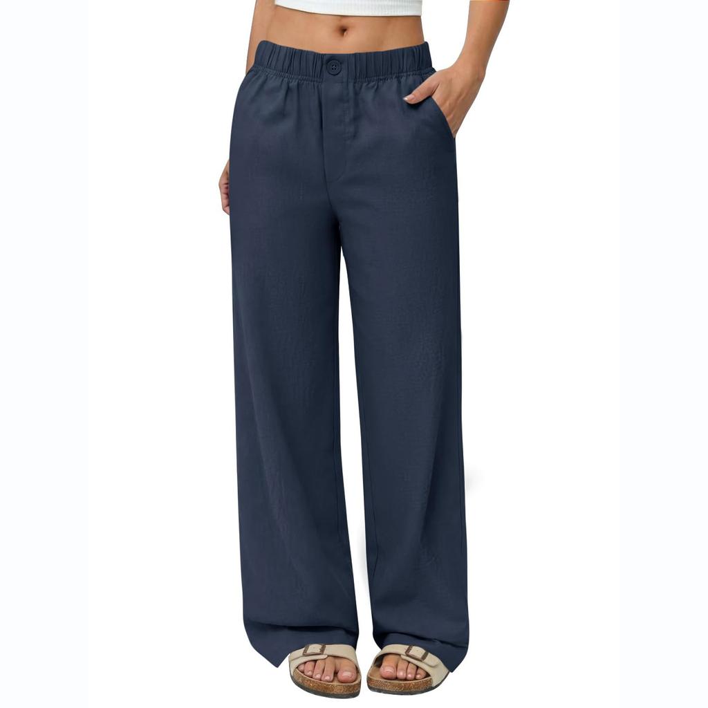 Women's Summer Casual Loose-Fit Flowy Linen Beach Pants With Pockets And Wide Legs