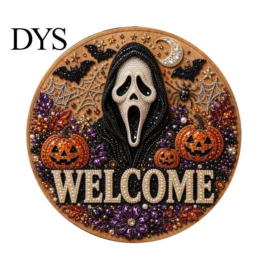 Wall Hanging Decor Halloween Faux Pearl Door Sign Kit, Ghost Skull Skeleton Cat Welcome DIY Painting Art Crafts Handmade Arts for Decoration Set