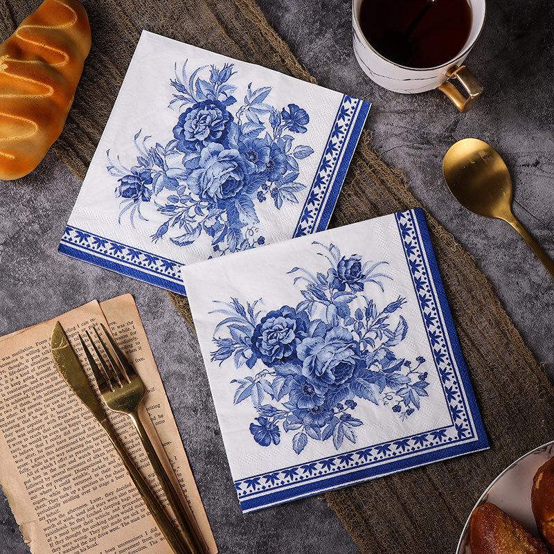 European Retro Blue and White Porcelain Print Disposable Napkins for Restaurant, Party, or Hotel Dining