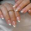 24Pcs French Green Short Almond Fake Nails With Wave Line Design Round Head Press On Nail Tips