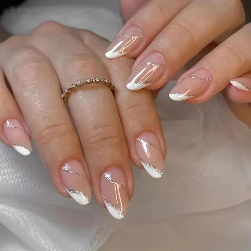 24Pcs French Green Short Almond Fake Nails With Wave Line Design Round Head Press On Nail Tips