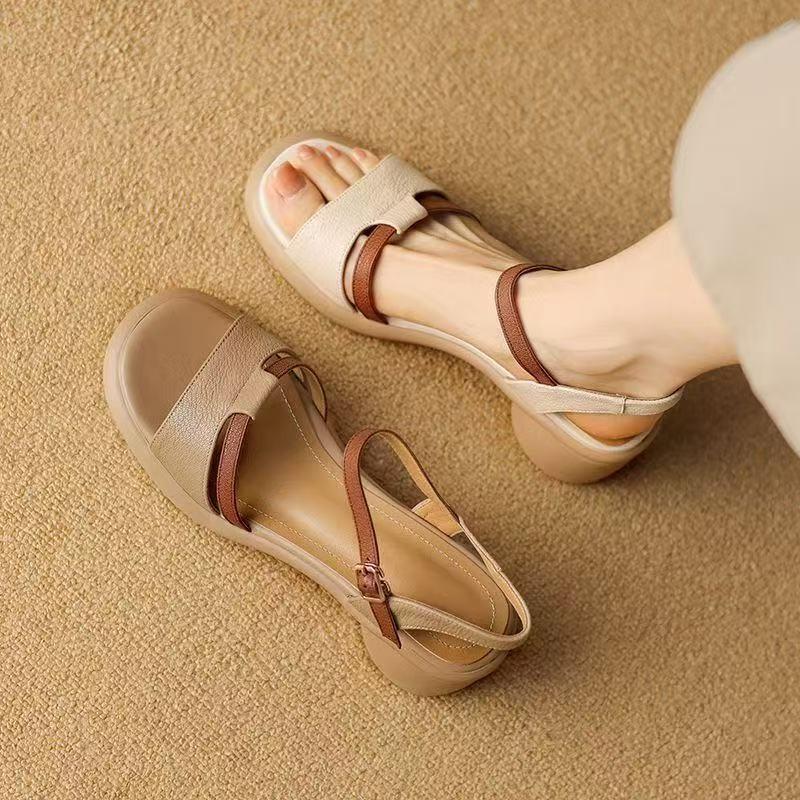 Fashion Summer 2025 New Thick-soled, Thick-heeled Sandals for Women, Retro Color-blocking, Versatile Casual High-heeled Roman Shoes