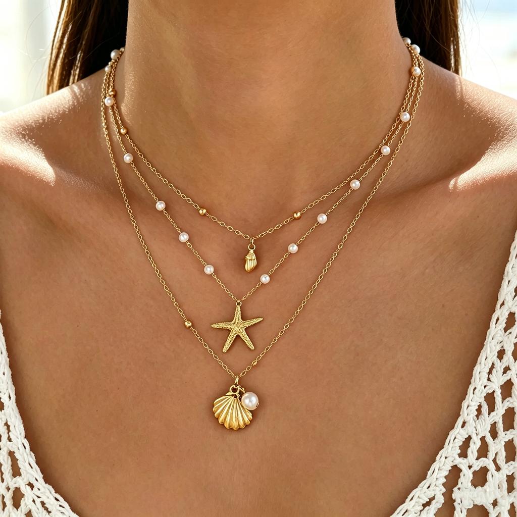 3pcs Bohemian Minimalist Starfish Shell Pendant Necklace Set for Women Rice Beads Metal Chain Choker Beach Vacation Jewelry Gift