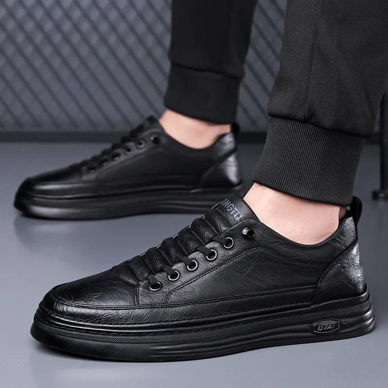 Spring Autumn Black White Board Shoes for Men Fashion Cowl Leather Casual Sneakers Man British Style New
