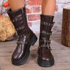 French Temperament Platform Non-Slip Rider Boots Winter New Round Toe Zipper Metal Buckle Waterproof Personality Mid-Leg Boots