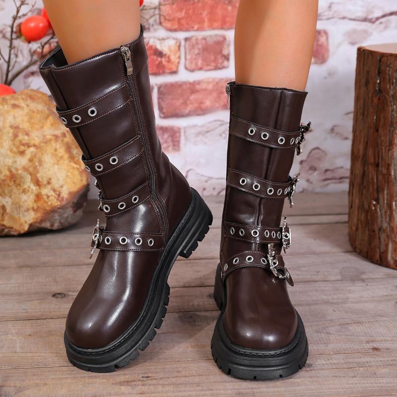 French Temperament Platform Non-Slip Rider Boots Winter New Round Toe Zipper Metal Buckle Waterproof Personality Mid-Leg Boots