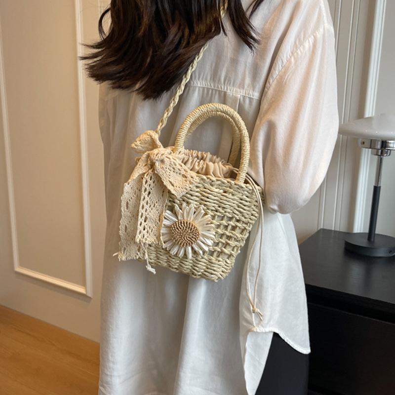 Yogodlns Stroh Handgefertigt Sommerurlaub Gewebt Damen Floral Dekor Kleine Umhängetasche Böhmisch Strand Reise Korb Crossbody Taschen