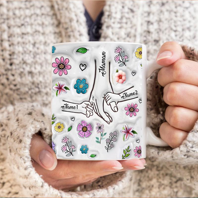 Personalize Name Mug Customize 3D Effect Printing Flowers Cup Holding Hands Coffee Mugs For Children and Mother's Day Gifts