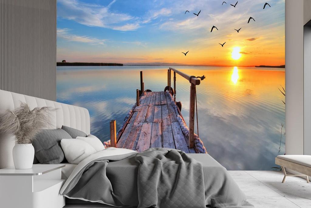 Wallpaper Footbridge lake sunset