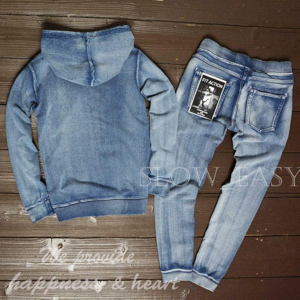 Cut Denim Set with Zip Hoodie and Jogger Pants and Sporty Top and Bottom Cut and Sewn Sweatshirt 26128 Size [slow&easy] (Casual Fashion) - Set,