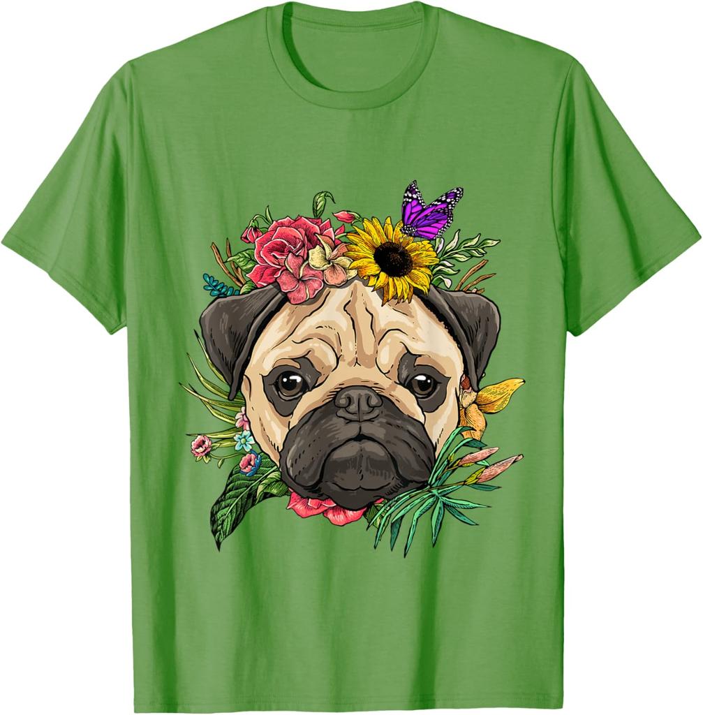 Pug Face Flower Crown Butterfly Graphic Tee Soft Cotton Casual Trip T-Shirt