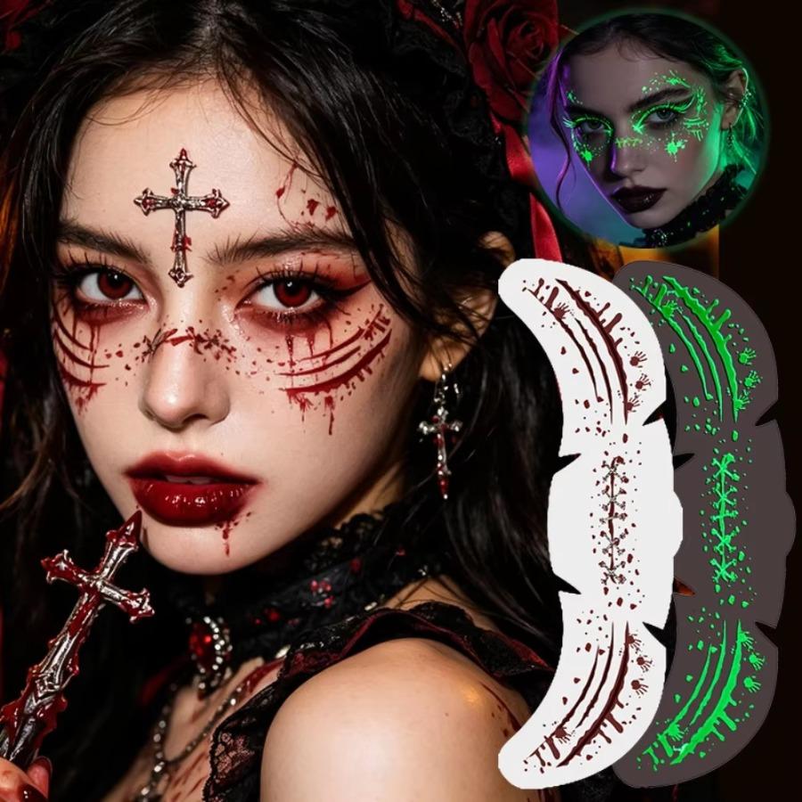1/3/6pz Adesivi Tatuaggio Macchie di Sangue Faccia Luminosi di Halloween Impermeabili Adesivi Tatuaggio Lentiggini Adesivo Trucco per Feste di Halloween