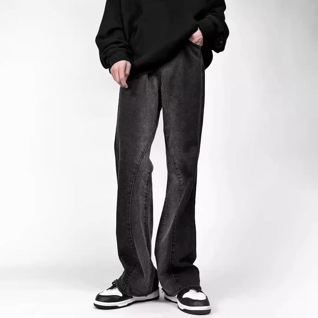 American high street retro old slightly pulled black gray jeans men's design wide legs straight casual trousers trendy brand