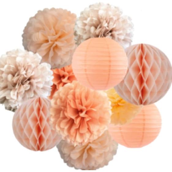 Dusty Pink Blue Hanging Party Decorations with Tissue pom poms and Paper Lantern for Bridal Baby Shower Gender Reveal Birthday Decor Supplies (Dusty Peach + Orange