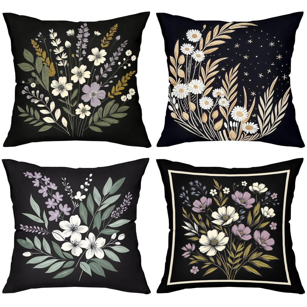 Floral Pattern Black Throw Pillow For Home Decor Polyester Pillowcase, Sofa Decorative Cushion Cov Headboard Pillow