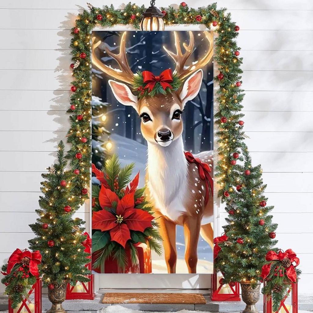 Deer Christmas Door Banner Xmas Party Decors Photography Backdrop Indoor Outdoor Porch Room Door Cover Background