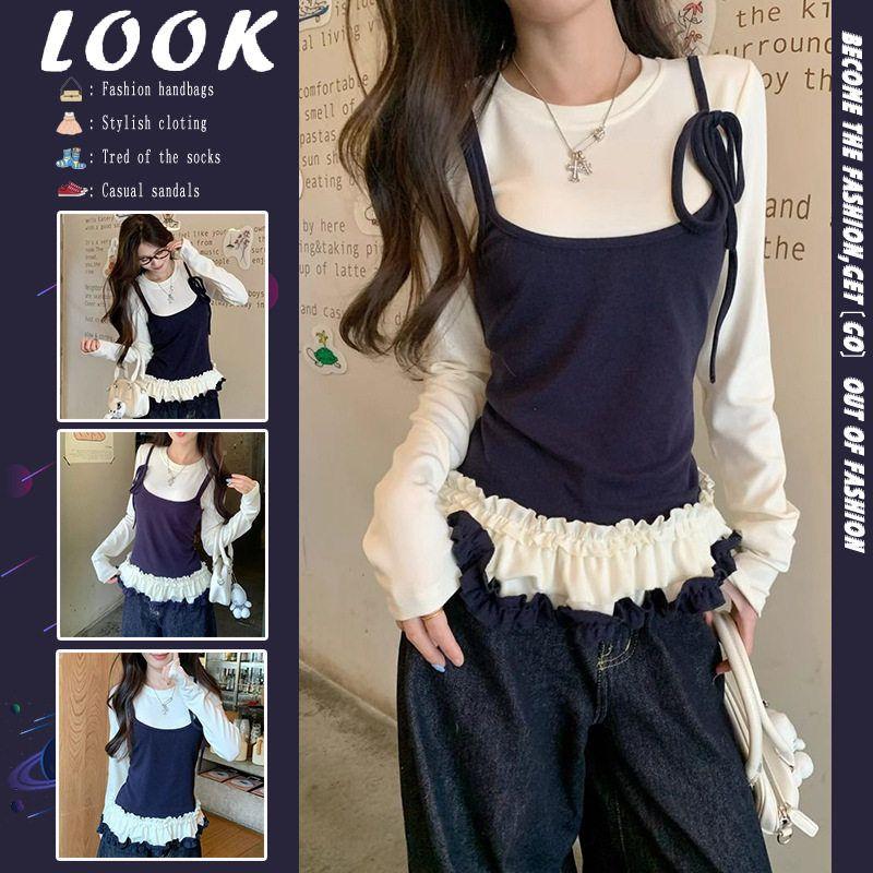 Fake Two-Piece Color-Blocked Long-Sleeve T-Shirt for Women, Spring 2025, Waist-Cinching Base Shirt with Ballet-Style Lace Top Apricot color S [Excellent Quality]