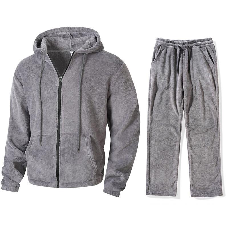 Solid Fleece Lined Drawstring Hooded Top And Long Pants Two Piece Casual Mens Set