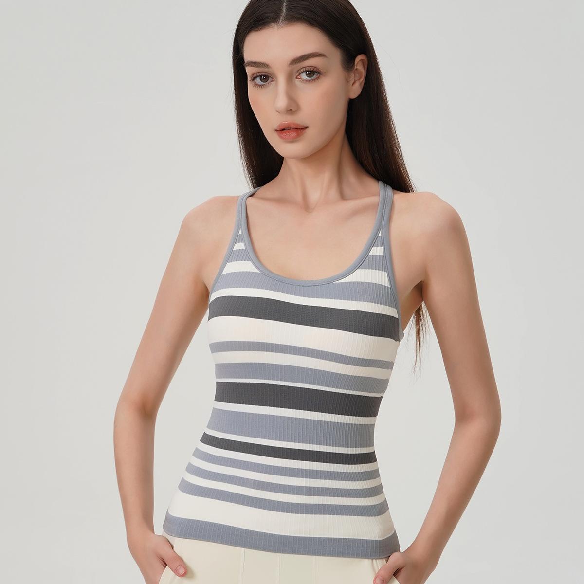 

2025 Корейский стиль Полосатый вязаный топ-майка с бретелями на спине и нагрудными вкладышами - Женский утягивающий жилет для йоги Large