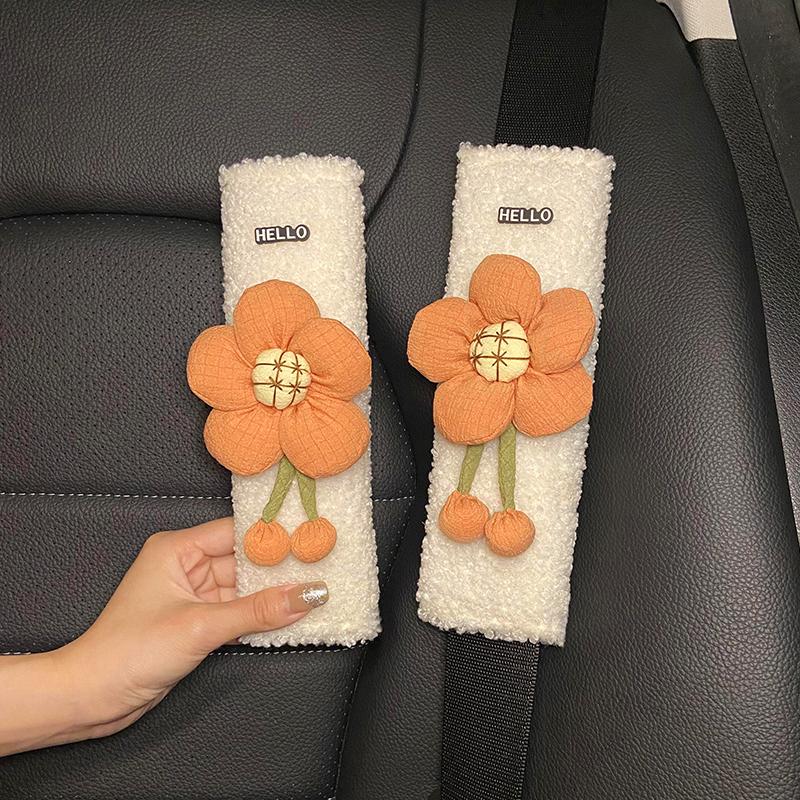 Cute Sunflower Plush Car Seat Belt Cover Artificial Lamb Shoulder Pad Protection Car Decoration Comfortable Soft Accessories