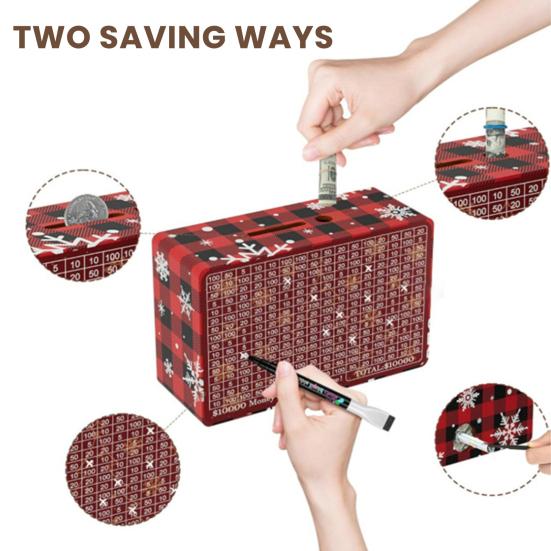 Christmas Wooden Money Box with Counter 500/800/1000/3000/5000/10000 USD Piggy Bank Coin Cash Container Kids Adults Money Saving Challenge Case Jar