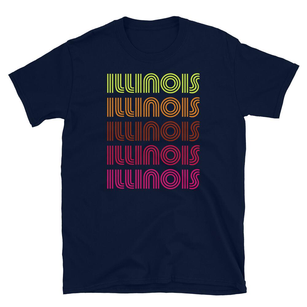 

Retro State of Illinois Inline Font Disco Neon Short-Sleeve Unisex T-Shirt 3XL